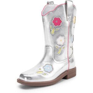🆕 Women Silver Western Riding Boots Cowboy Mid Calf Toddler Kids Shoes